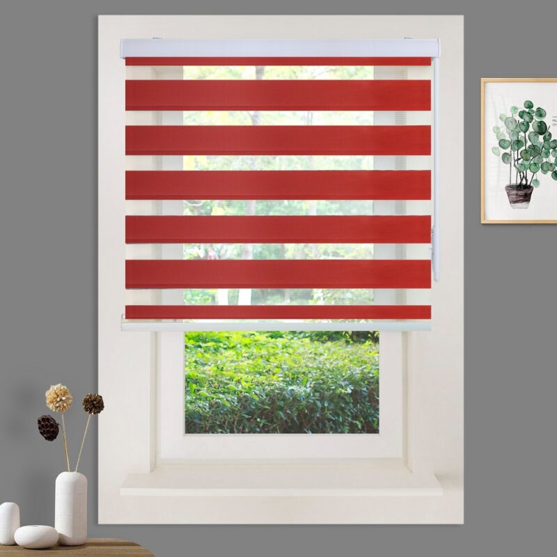 a red and white striped blinds on a window