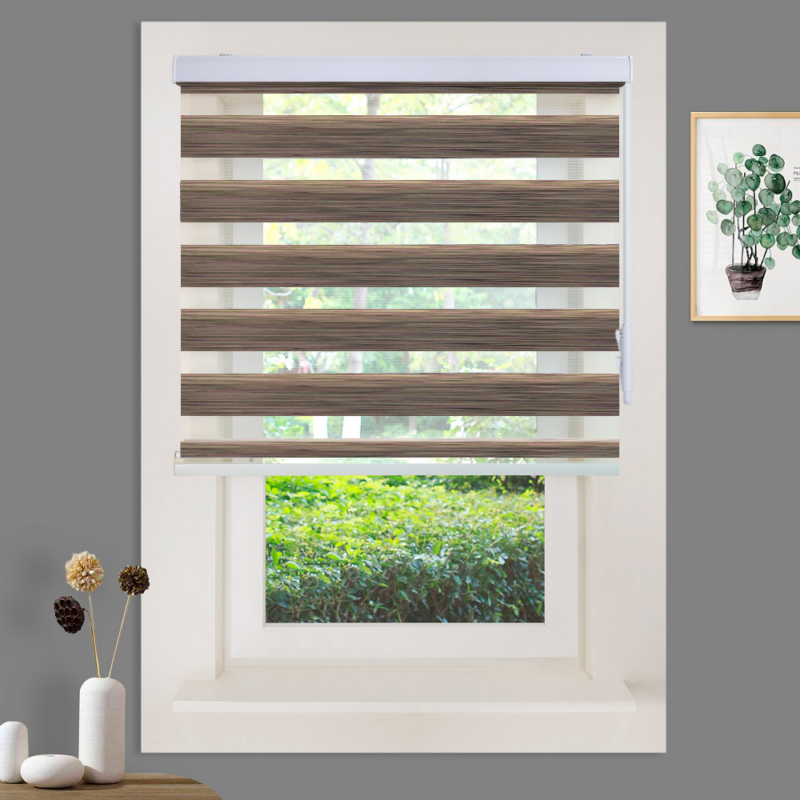 a window with blinds and vases on a table