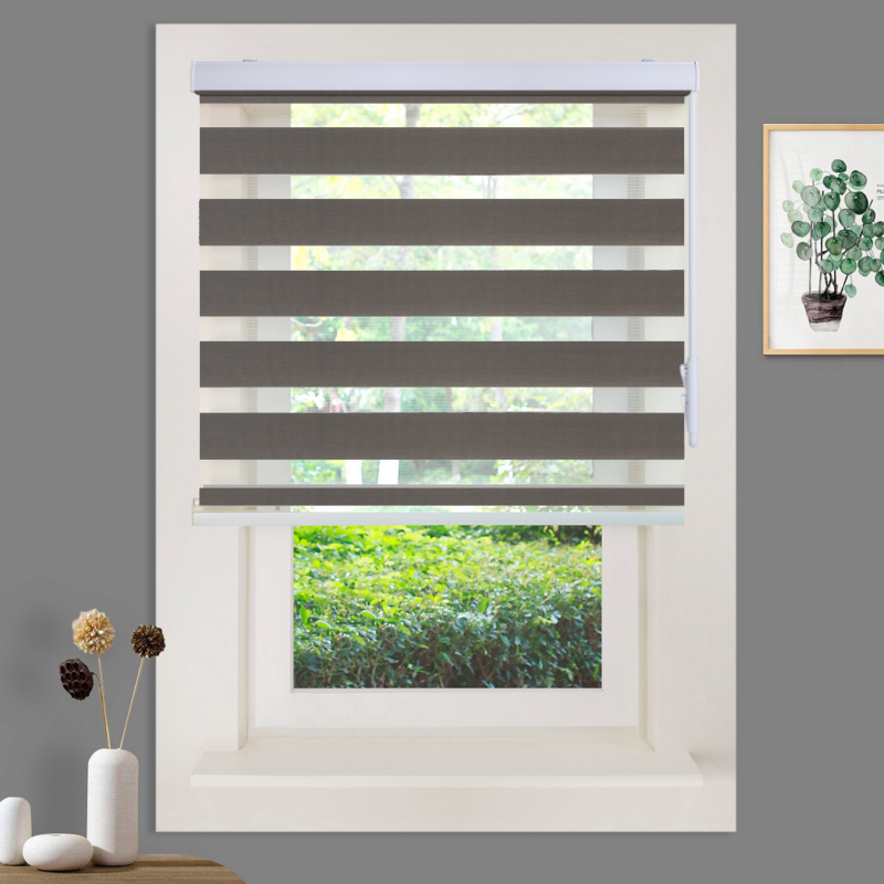 a window with a window blind and a picture on the wall